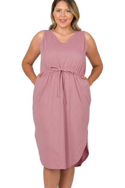 Plus Drawstring Waist Curved Hem Dress