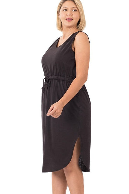 Plus Drawstring Waist Curved Hem Dress