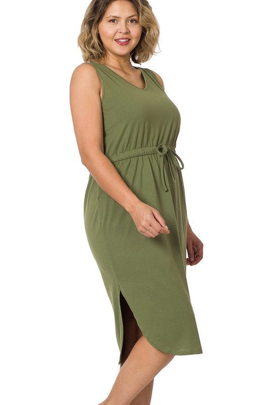 Plus Drawstring Waist Curved Hem Dress