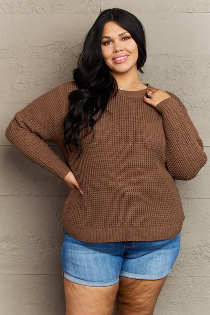 Plus Hi-Low Long Sleeve Round Neck Waffle Sweater