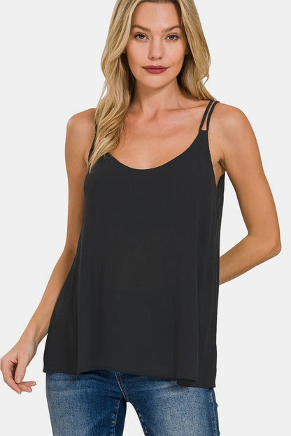 Woven Crinkle Double Spaghetti Strap V-Neck Cami Top