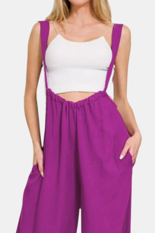 Woven Tie Back Suspender Jumpsuit / LT PLUM