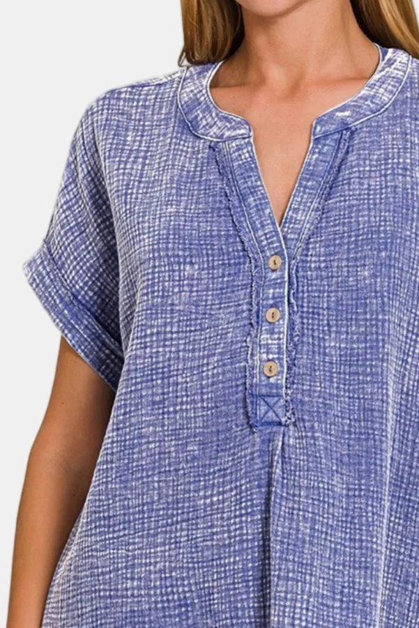 Washed Double Gauze 3/4 Button Henley Neck Shirt / MARLIN