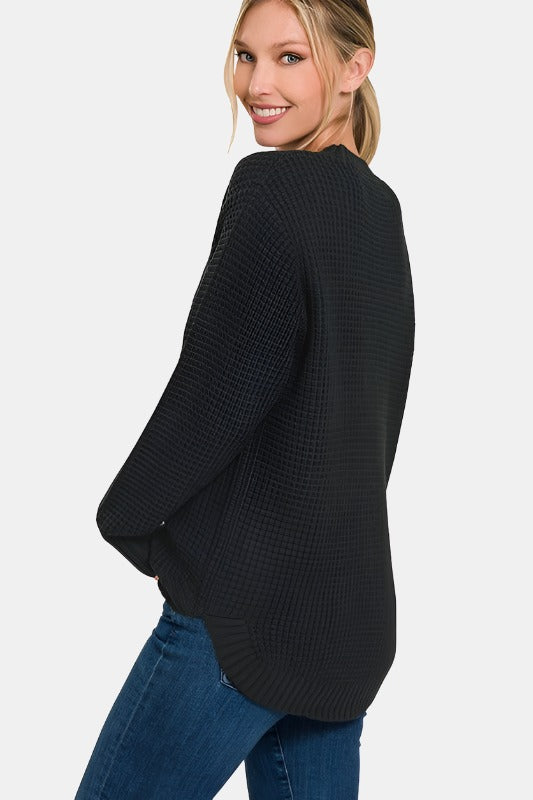 Hi-Low Long Sleeve Round Neck Waffle Sweater