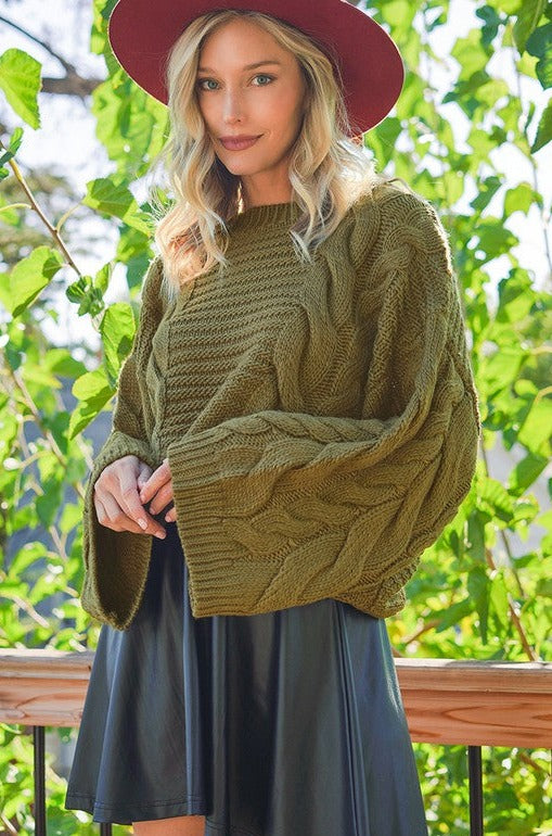 Oversized Bell Sleeve Cable Knit Sweater