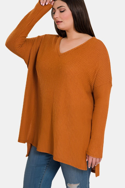 Plus Brushed Thermal Waffle V-Neck Sweater