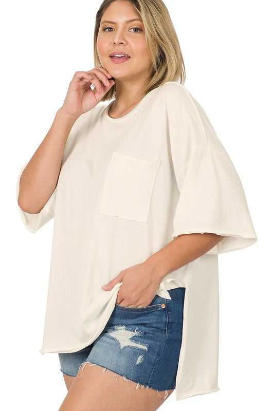 Plus Raw Edge High-Low Hem Box Top / IVORY