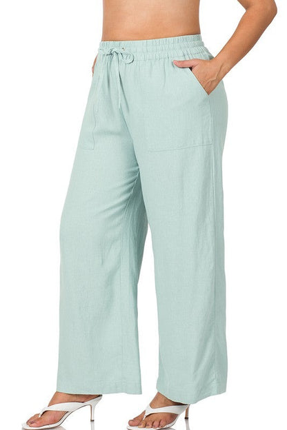 Plus Linen Drawstring-Waist Pants with Pockets