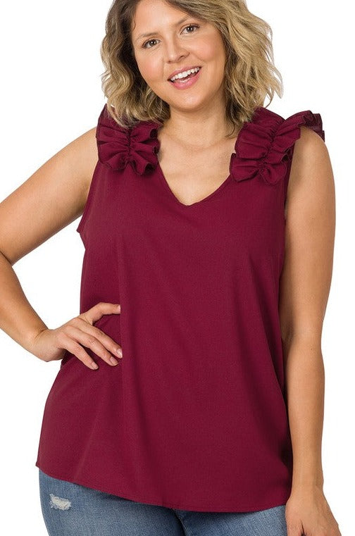 Plus Woven Wool Dobby Ruffle Trim Sleeveless Top