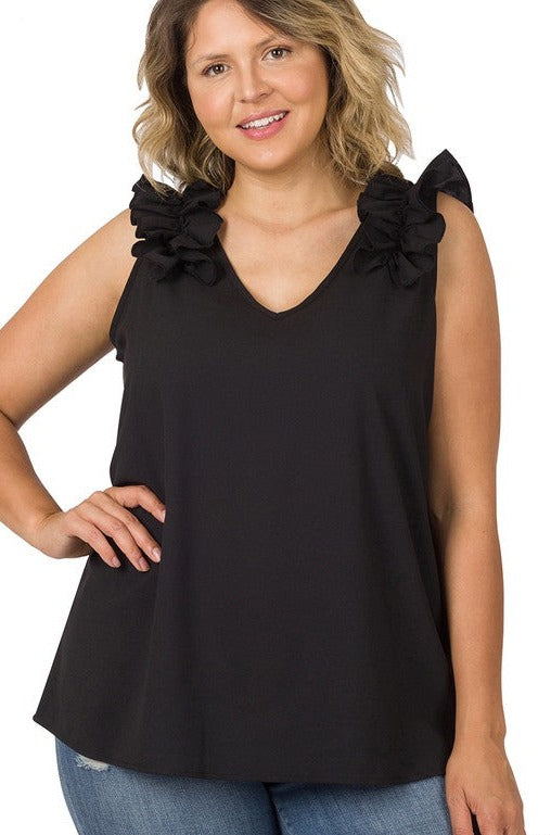 Plus Woven Wool Dobby Ruffle Trim Sleeveless Top