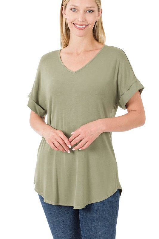 Luxe Rayon Short Cuff Sleeve V-Neck Round Hem Top