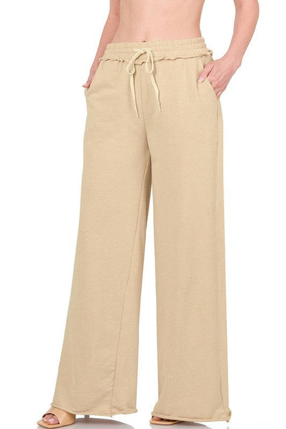 French Terry Drawstring Waist Raw Edge Hem Pants