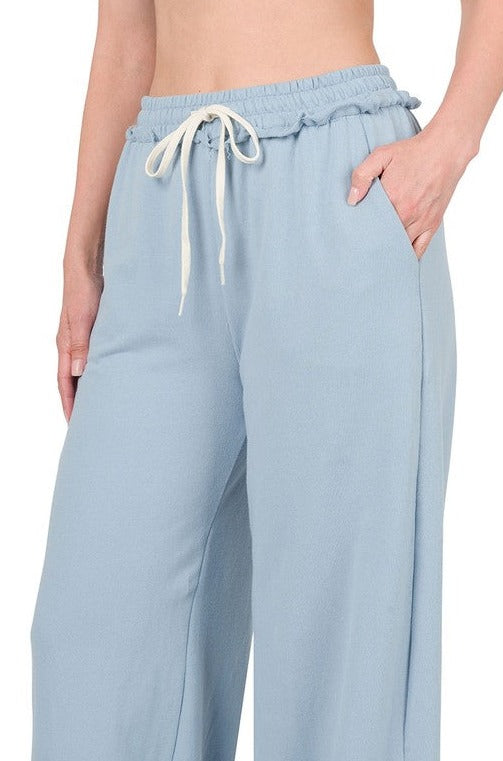 French Terry Drawstring Waist Raw Edge Hem Pants