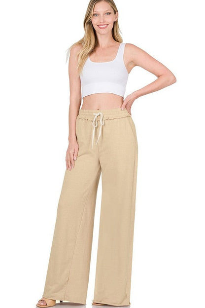 French Terry Drawstring Waist Raw Edge Hem Pants