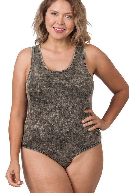 Plus Acid Washed Racerback Tank Bodysuit