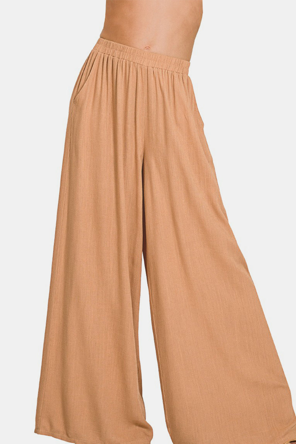 Woven Pleated Linen Blend Wide Leg Pants