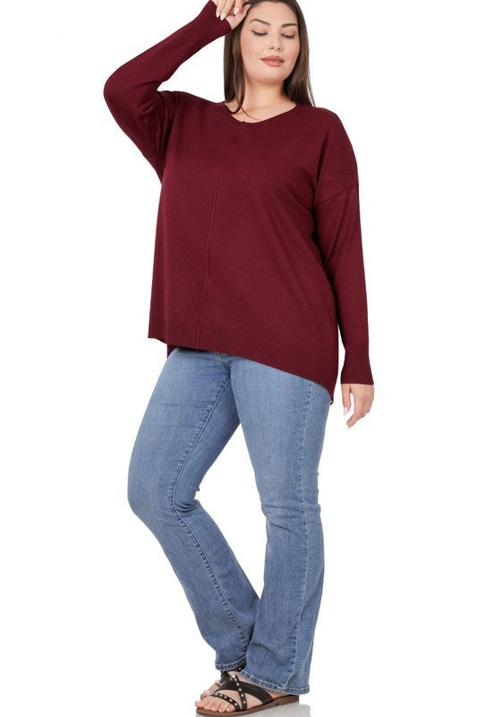 Plus High-Low Garment Dyed Front Seam Sweater
