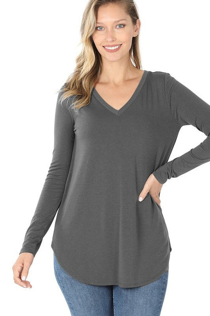 Long Sleeve V-Neck Round Hem Top