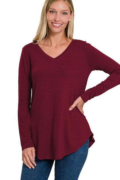 Long Sleeve V-Neck Round Hem Top