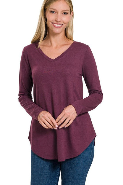 Long Sleeve V-Neck Round Hem Top