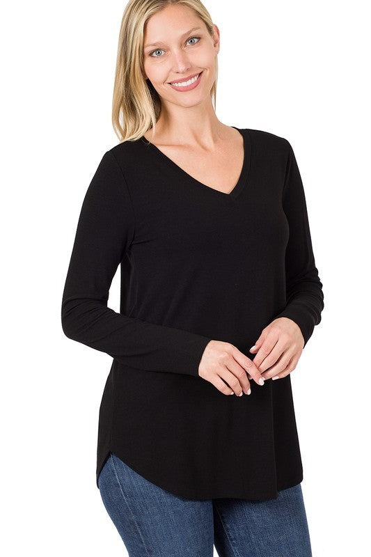 Long Sleeve V-Neck Round Hem Top