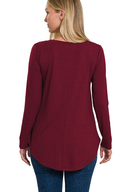 Long Sleeve V-Neck Round Hem Top