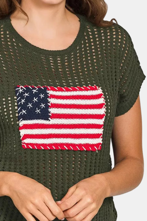 Viscose American Flag Cap Sleeve Open Stitch Sweater / DK OLIVE
