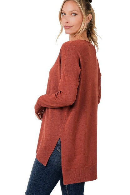 Hi-Low Hem V-Neck Center Seam Sweater