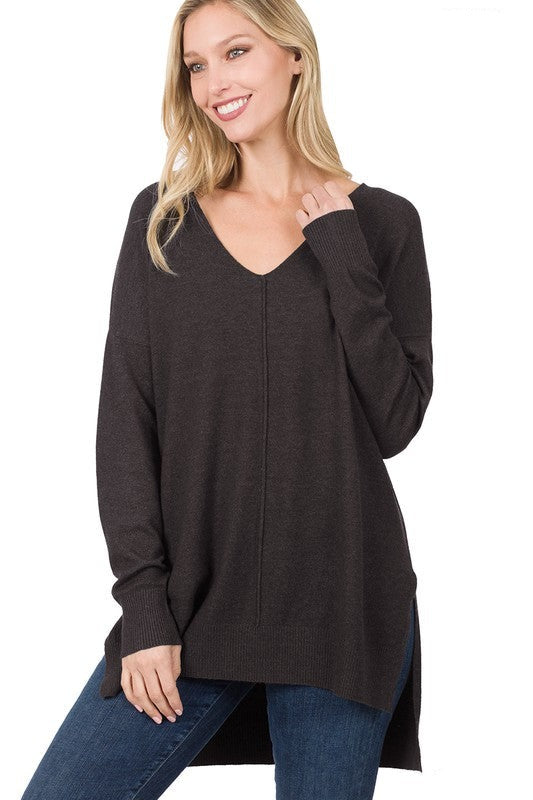 Hi-Low Hem V-Neck Center Seam Sweater