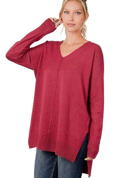 Hi-Low Hem V-Neck Center Seam Sweater