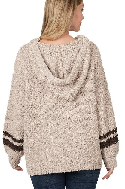 Hooded Front Pocket Popcorn Sweater