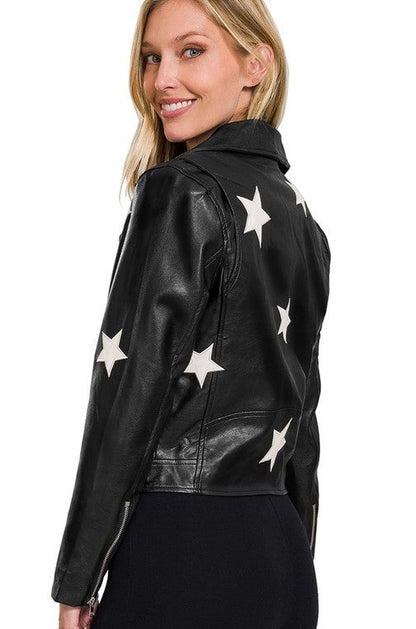 Vegan Leather Star Patch Moto Jacket