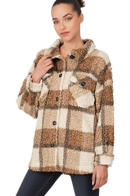 Sherpa Plaid Shacket With Pockets