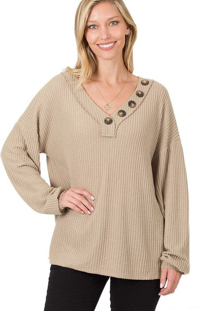 Brushed Thermal Waffle Button Detail Sweater