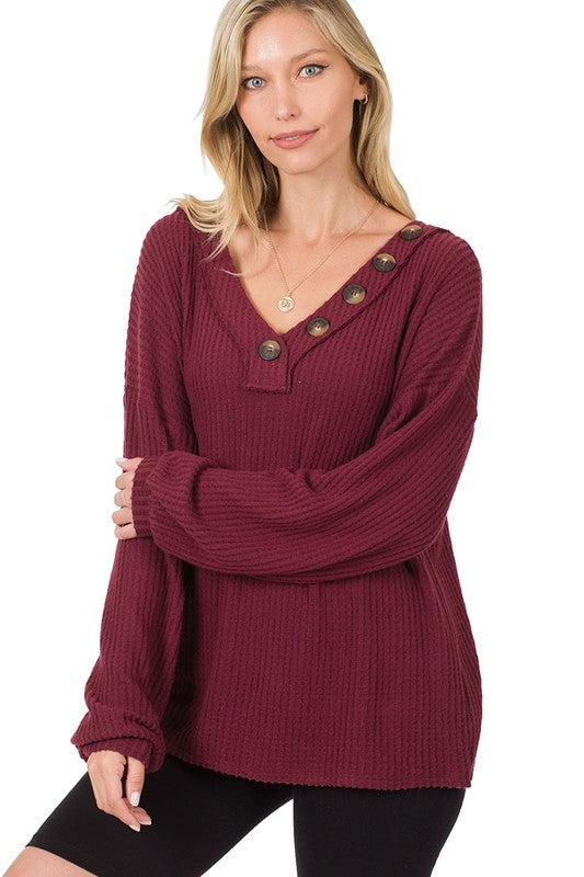 Brushed Thermal Waffle Button Detail Sweater