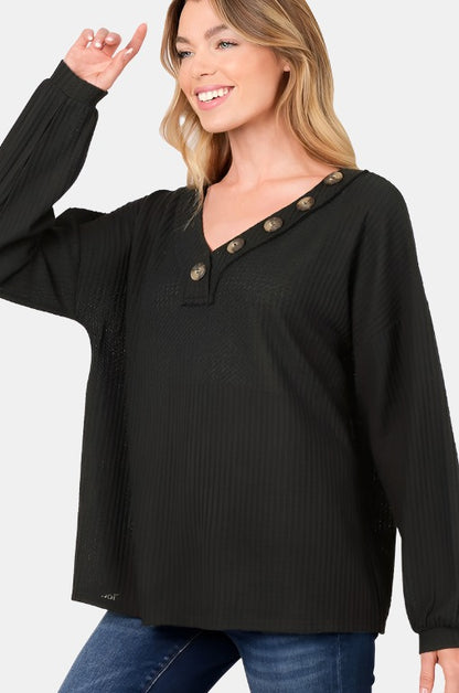 Brushed Waffle V-Neck Button Detail Sweater