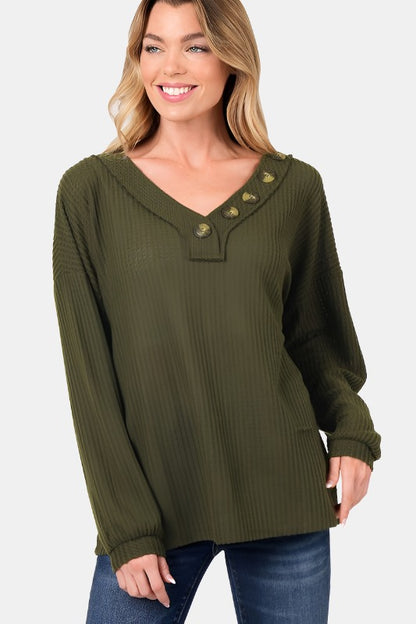 Brushed Waffle V-Neck Button Detail Sweater