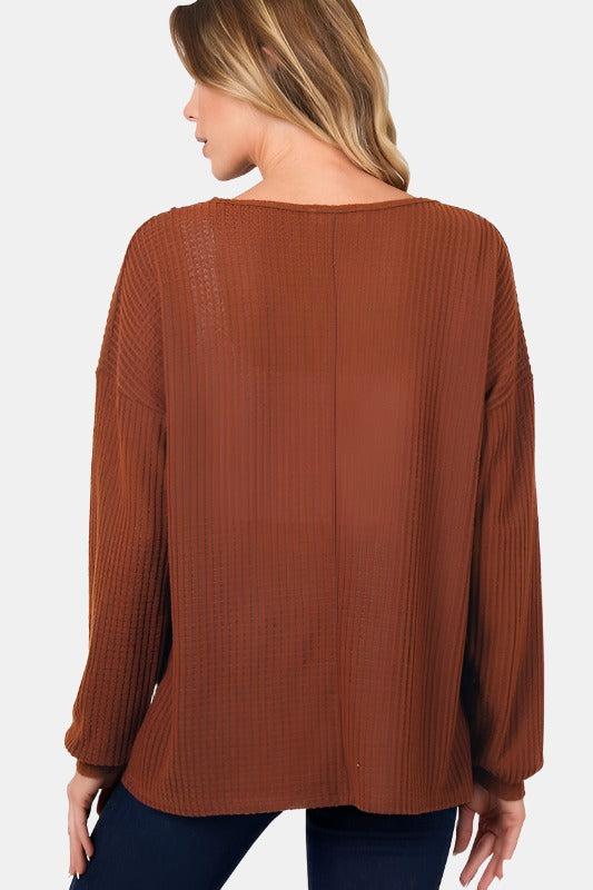 Brushed Waffle V-Neck Button Detail Sweater