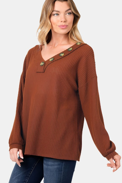 Brushed Waffle V-Neck Button Detail Sweater