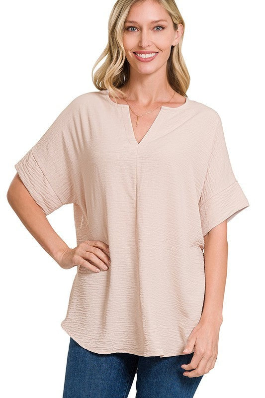 Woven Airflow Split Neck Short Sleeve Top