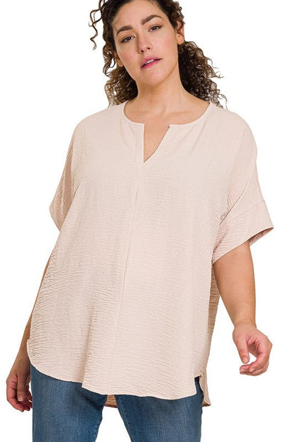 Woven Airflow Split Neck Short Sleeve Top