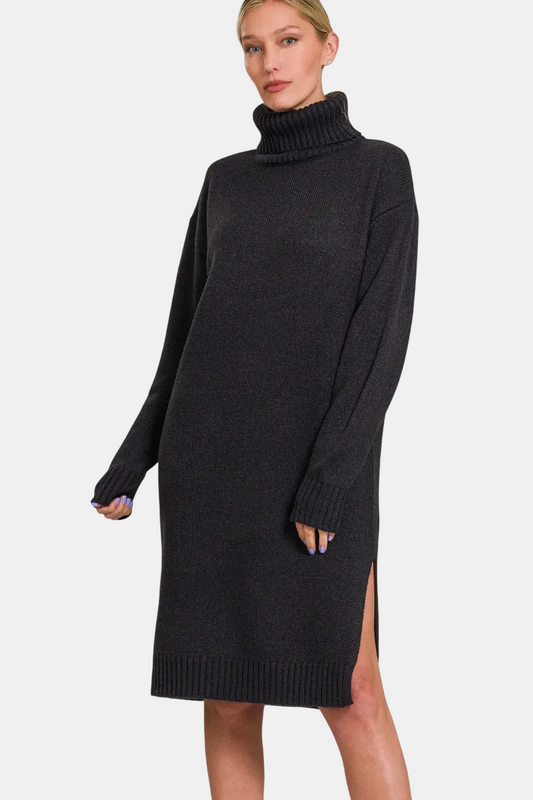 Turtle Neck Long Sleeve Midi Sweater Dress / BLACK