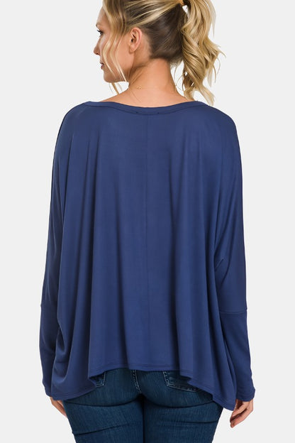 Dolman Sleeve Round Neck Top with Front Pocket