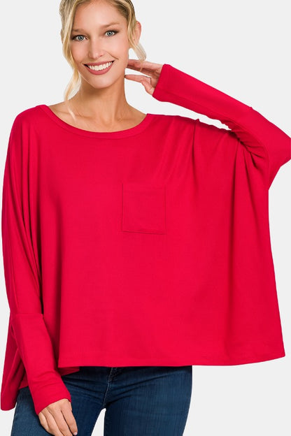 Dolman Sleeve Round Neck Top with Front Pocket