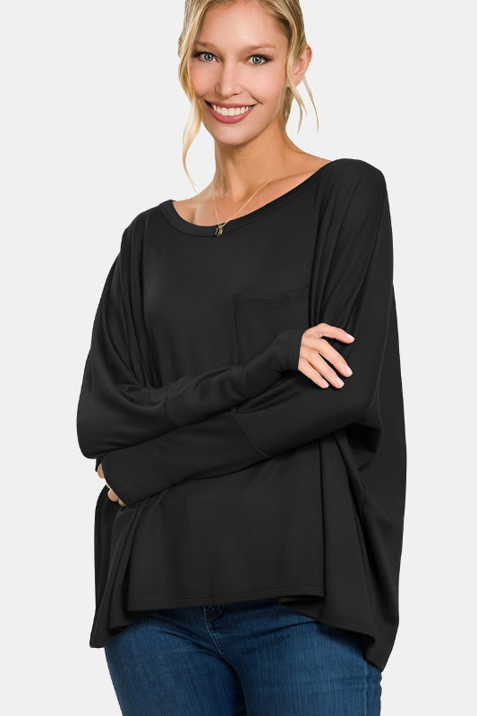 Dolman Sleeve Round Neck Top with Front Pocket / BLACK