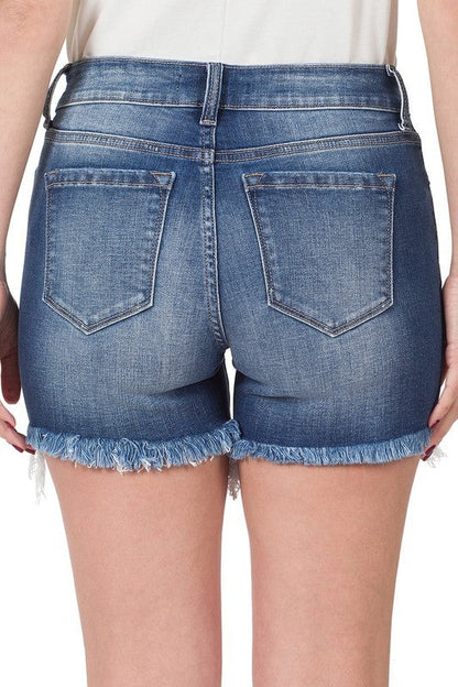 Mid Rise Raw Frayed Hem Denim Shorts