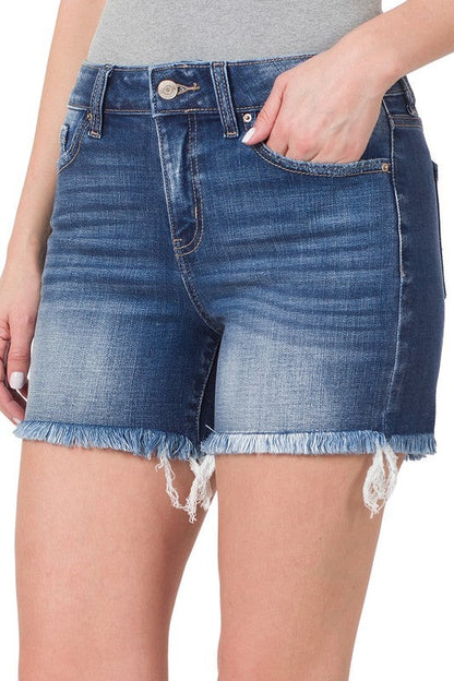 Mid Rise Raw Frayed Hem Denim Shorts