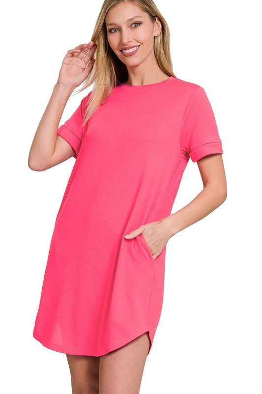 Rolled Short Sleeve Round Neck Dress