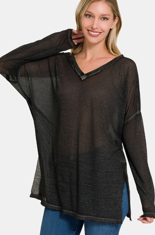 Melange Burnout Dolman Sleeve V-Neck Top