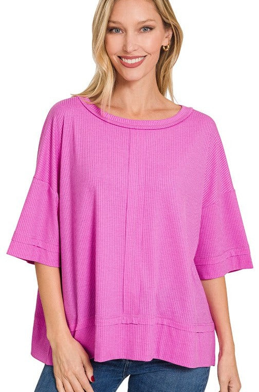 Ribbed Boat Neck Dolman Sleeve Top w/ Front Seam